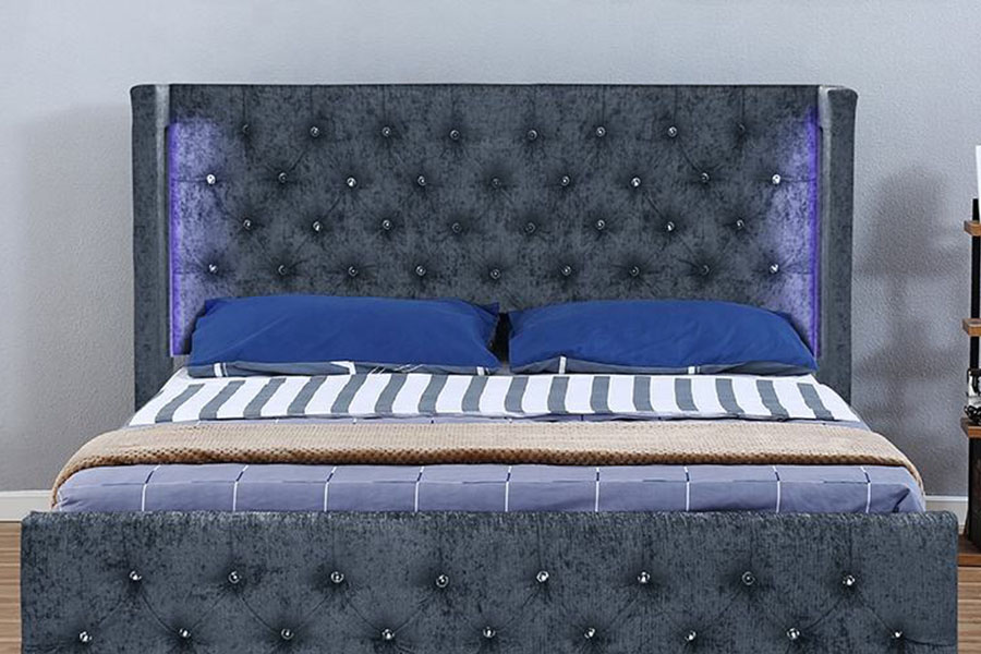 1290-1G Prata-Veludo LED Winged-Diamante Estrutura de cama de madeira para armazenamento