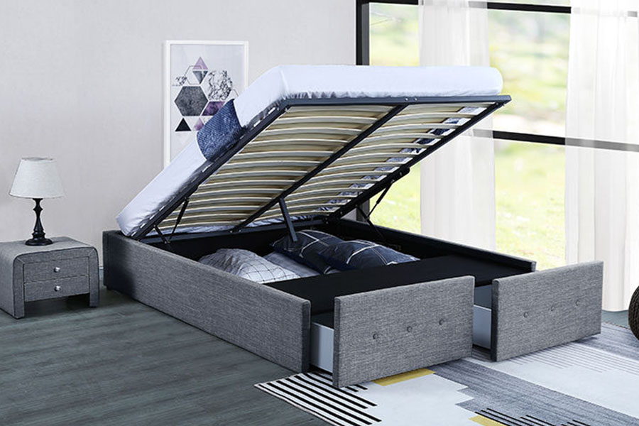 1326DG Gas-Lift Panel-Style Tecido Queen Storage Gaveta Estofada Estrutura de Cama