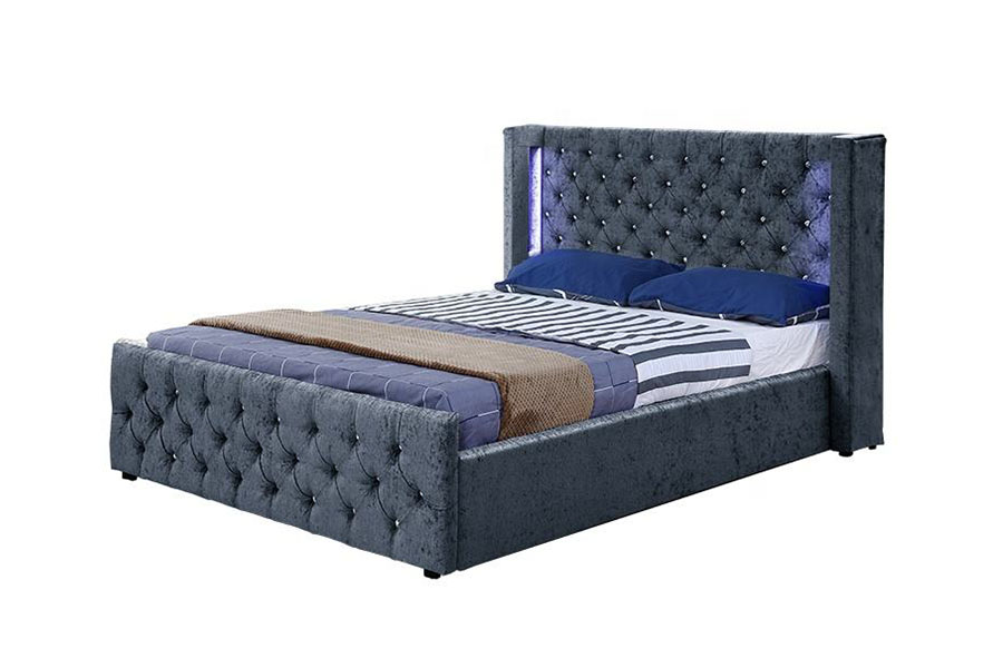 1290-1G Prata-Veludo LED Winged-Diamante Estrutura de cama de madeira para armazenamento