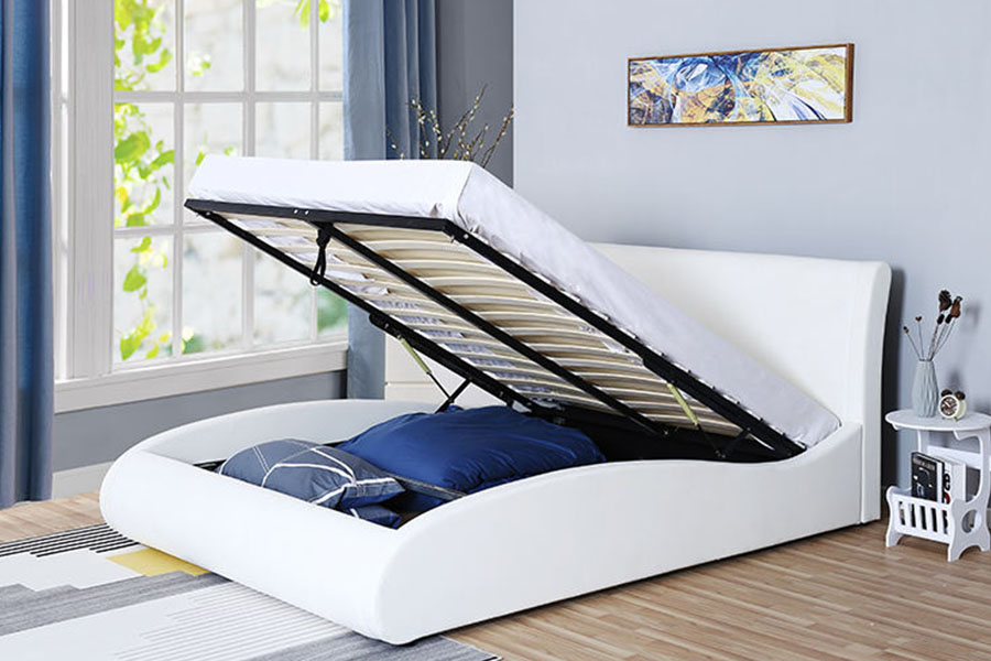 1280G Cabeceira macia de couro falso com elevador a gás para quarto e estrutura de cama de armazenamento