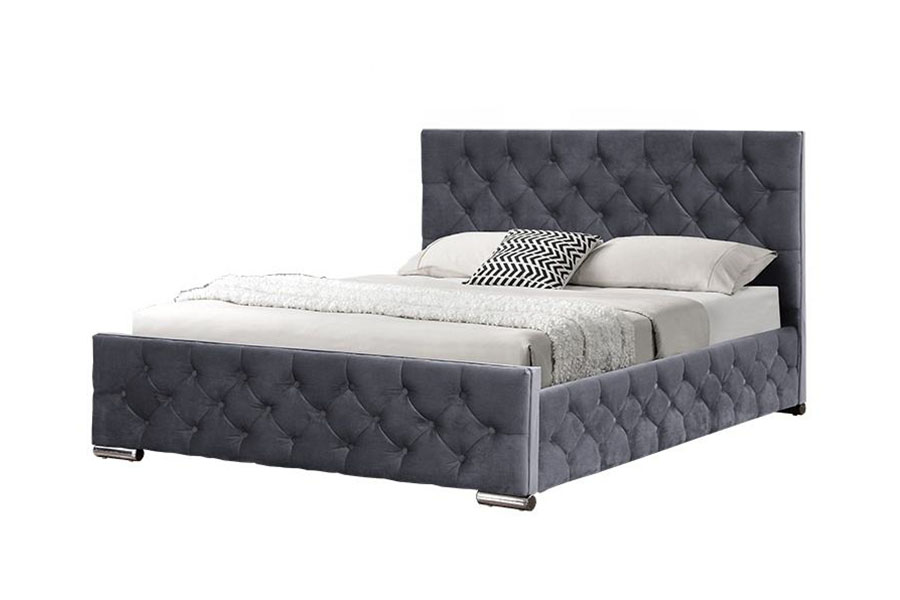 Estrutura da cama de armazenamento hidráulico com pernas cromadas em tecido cinza com tufos de diamante 1253G