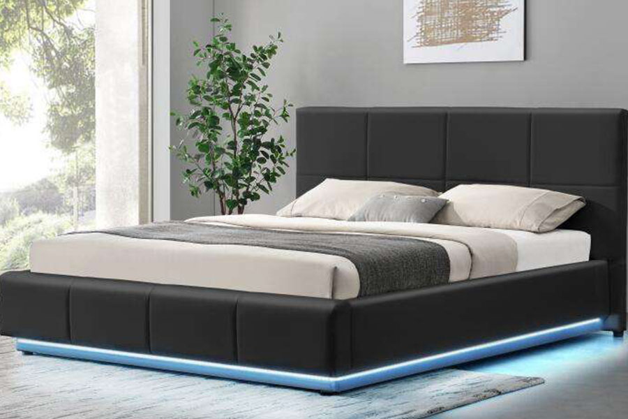 1239-1G Branco Couro Falso Otomano LED Estrutura de cama dupla estofada