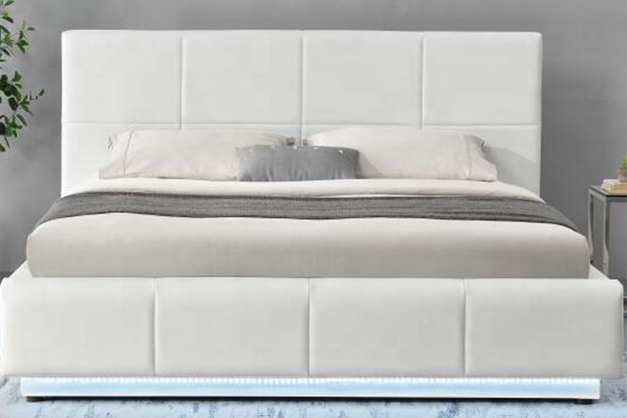 1239-1G Branco Couro Falso Otomano LED Estrutura de cama dupla estofada