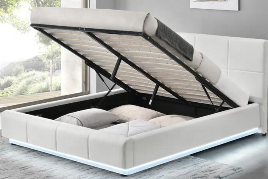1239-1G Branco Couro Falso Otomano LED Estrutura de cama dupla estofada