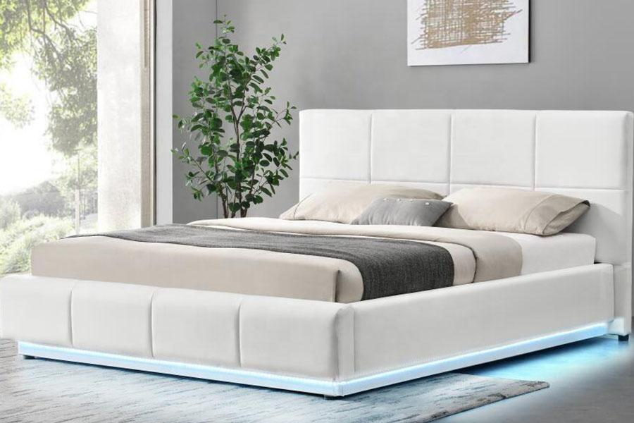 1239-1G Branco Couro Falso Otomano LED Estrutura de cama dupla estofada